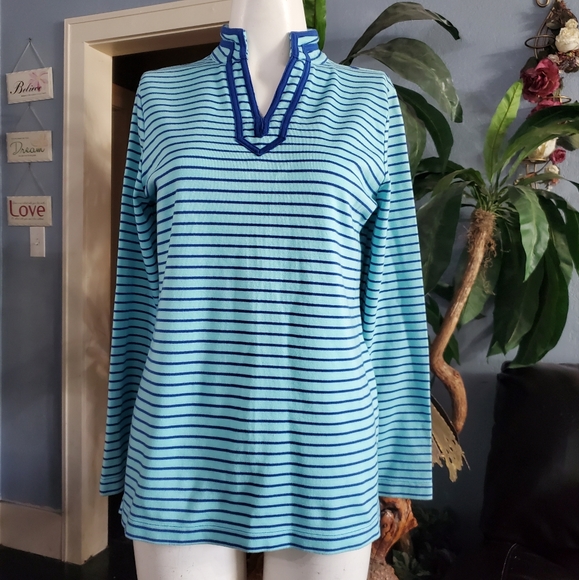 Breckenridge Mock V-Neck Green Blue Striped Longsleeved Top Size Small - Picture 7 of 7